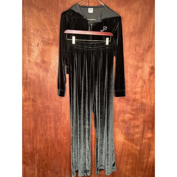 Victorias Secret PINK Black Velour Hoodie & Jogger Set W/Rhinestones Womens S - Picture 6 of 9